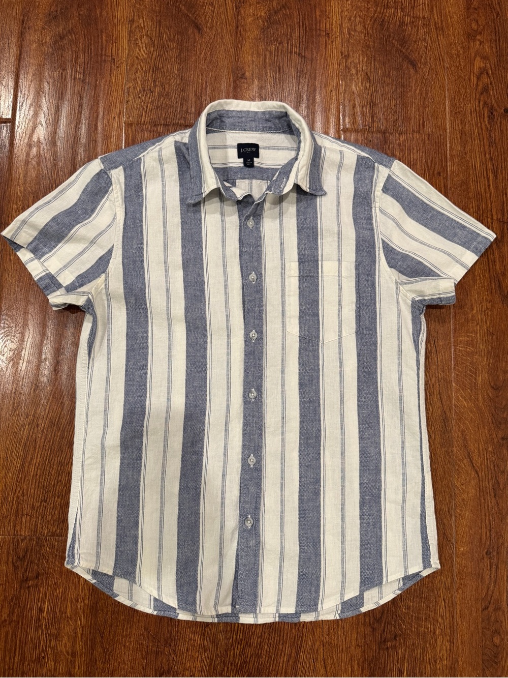 J. Crew Short-Sleeve Navy and White Vertical Stripe Button-Down Shirt
